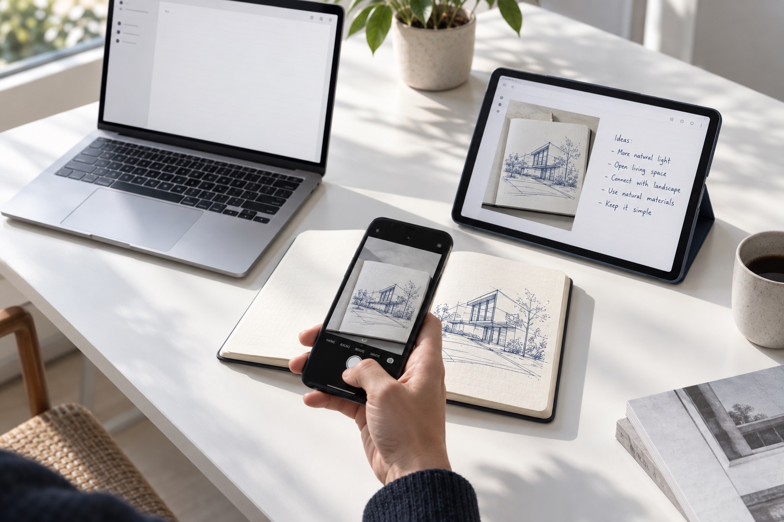 A phone captures a paper sketch beside a laptop and tablet with open notes